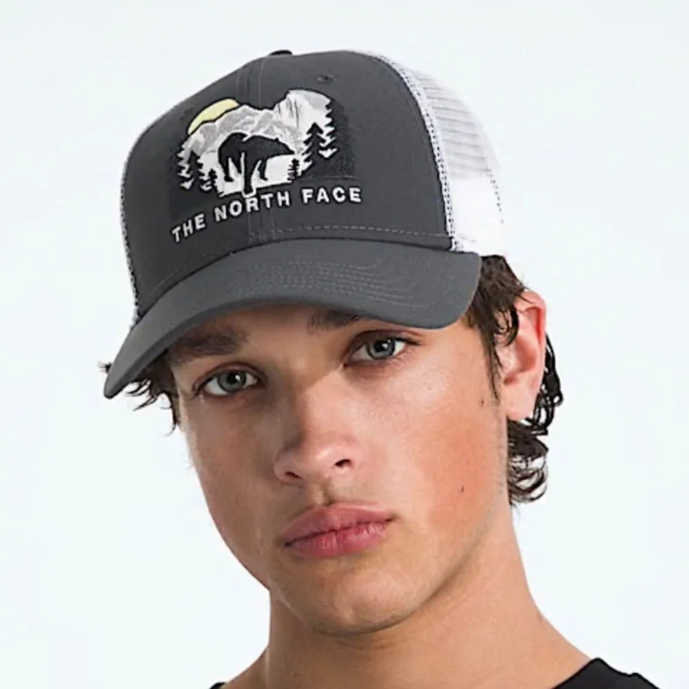 The North Face NEW Embroidered Mudder Trucker Hat Grey White Bear‎ Mountain Hat